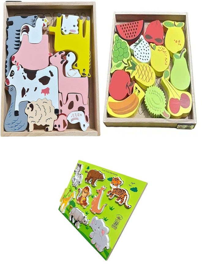Kinder Creative 3D Domestic Animals Stacking Puzzle,3D Fruits Stacking Puzzle, Chunky Stacking Wild Animals Puzzle, Educational Puzzle and Toys for Kids Pack of 3 - Image 1